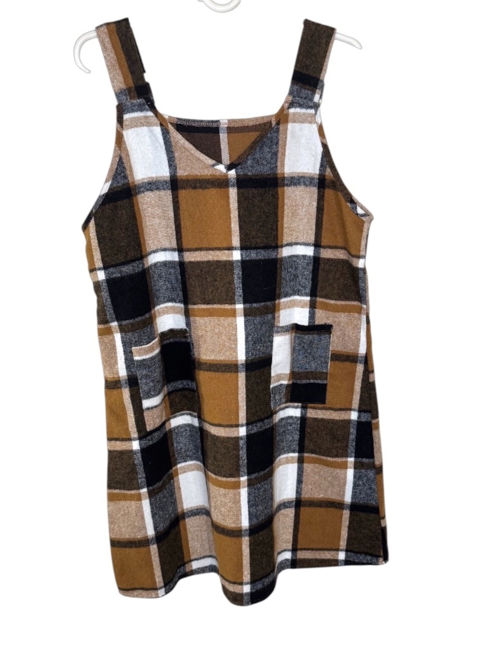 SHEIN Brown Plaid Sleeveless Pinafore Mini Dress w/ Pockets Size L